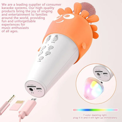 Wireless Bluetooth Karaoke Microphone, Portable 4D Stereo Mircophone with LED 7 Colorful Light, Intelligent Sound Repair Mic Speaker (Orange) - Jaiman Toys