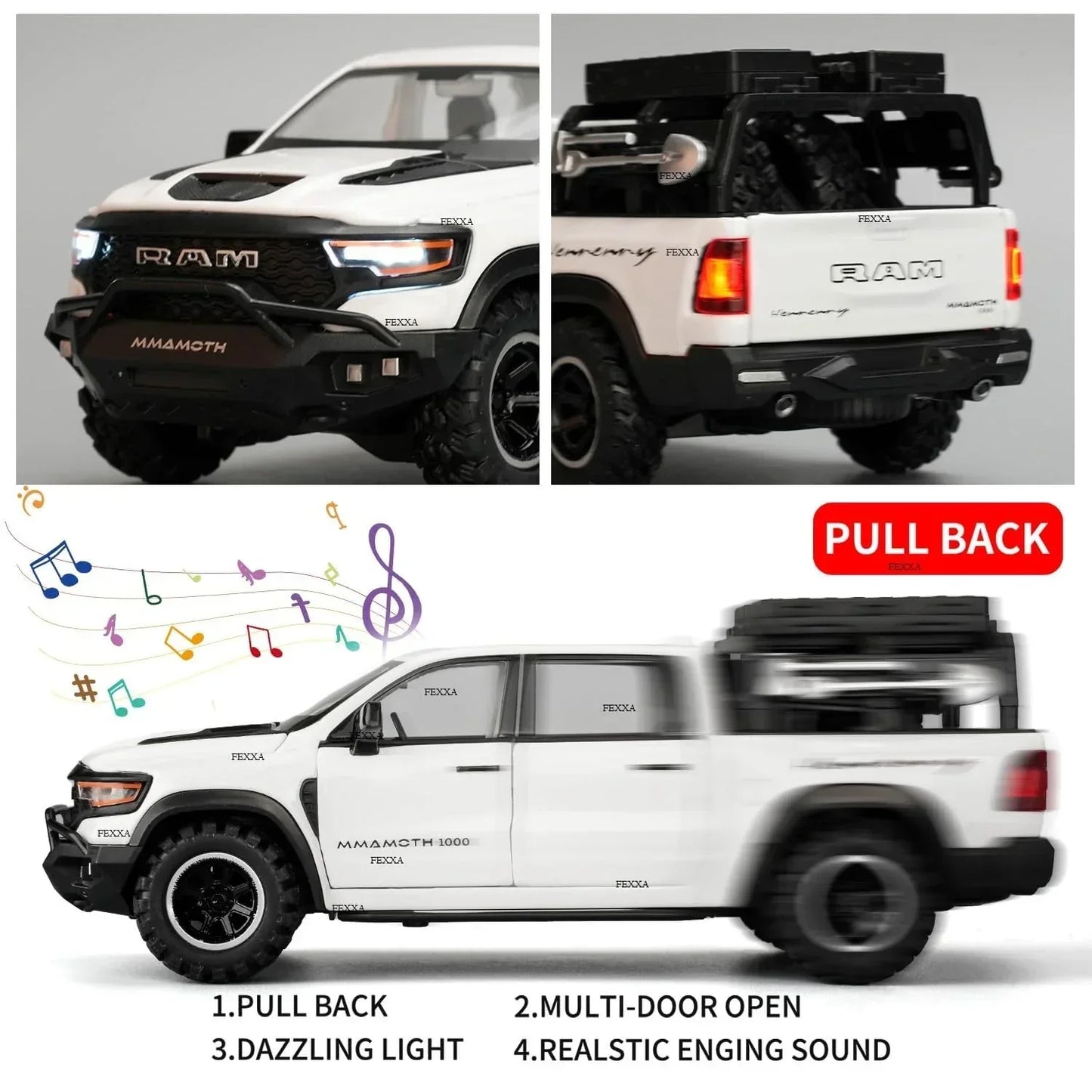 JOY JUNCTION 1:32 RAM Mammoth Pickup Truck Diecast Model – Alloy Metal Pullback Car with Openable Doors | Collector’s Edition