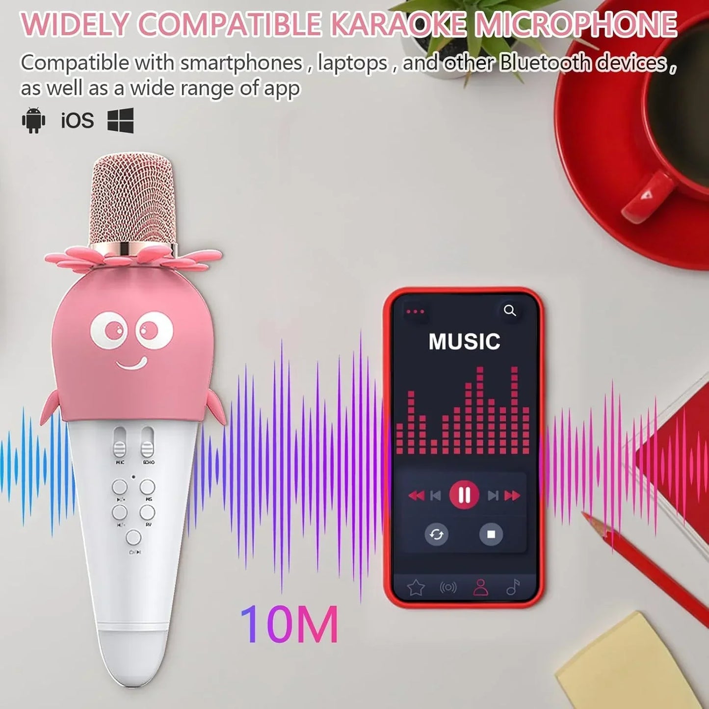 Wireless Bluetooth Karaoke Microphone, Portable 4D Stereo Mircophone with LED 7 Colorful Light, Intelligent Sound Repair Mic Speaker (Pink) - Jaiman Toys