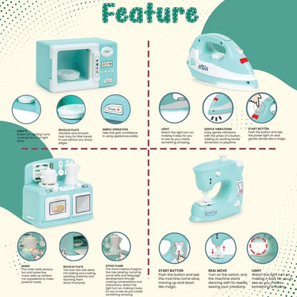 Pablo Honey Mini Iron, Microwave, Oven & Sewing Machine Household Play Set (Blue) - Jaiman Toys