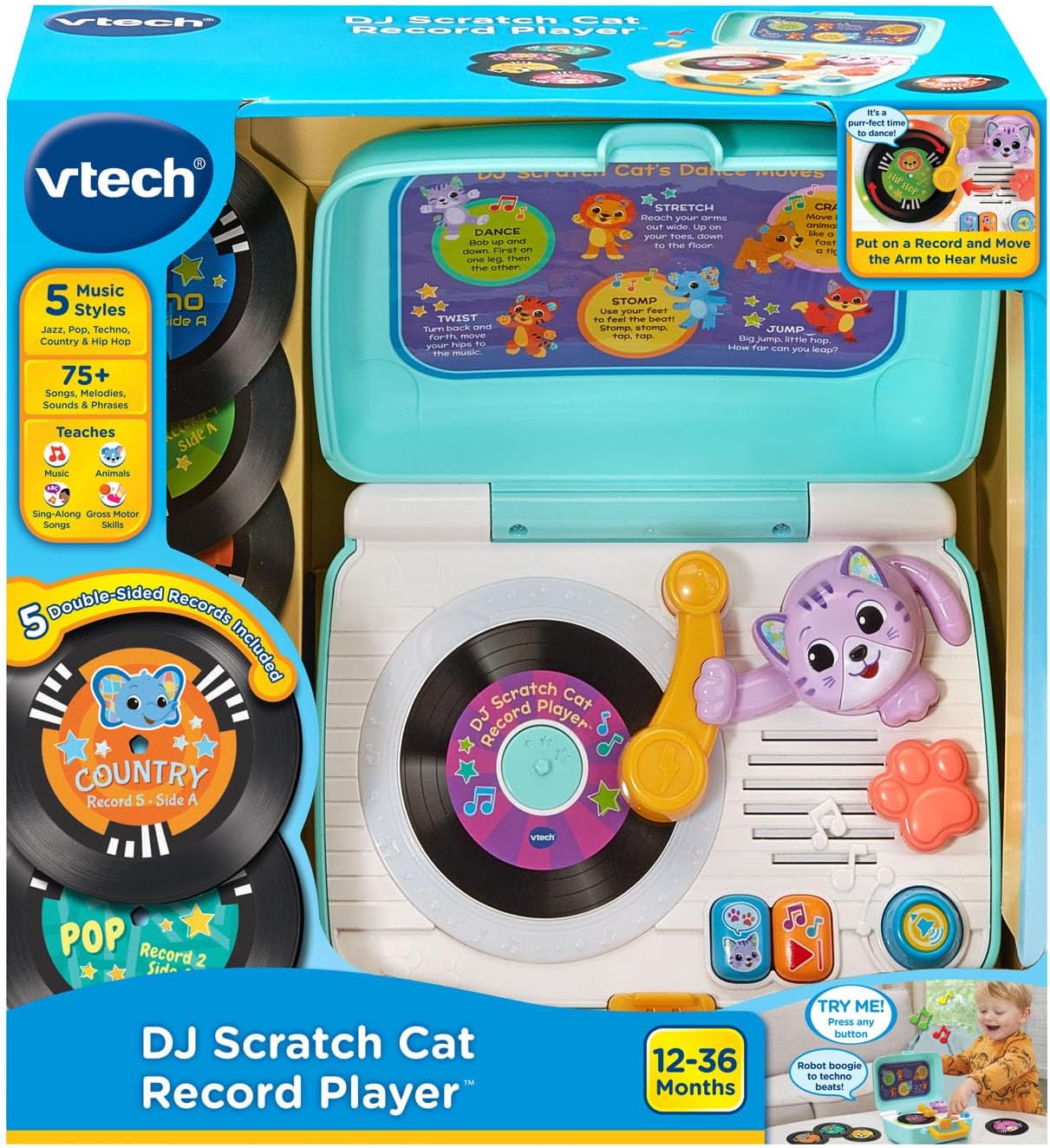 VTech DJ Scratch Cat Record Player | Interactive Musical Learning Toy with 5 Music Records, DJ Mixing, Lights & Sounds for Toddlers