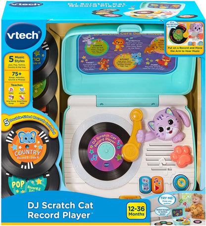 VTech DJ Scratch Cat Record Player | Interactive Musical Learning Toy with 5 Music Records, DJ Mixing, Lights & Sounds for Toddlers