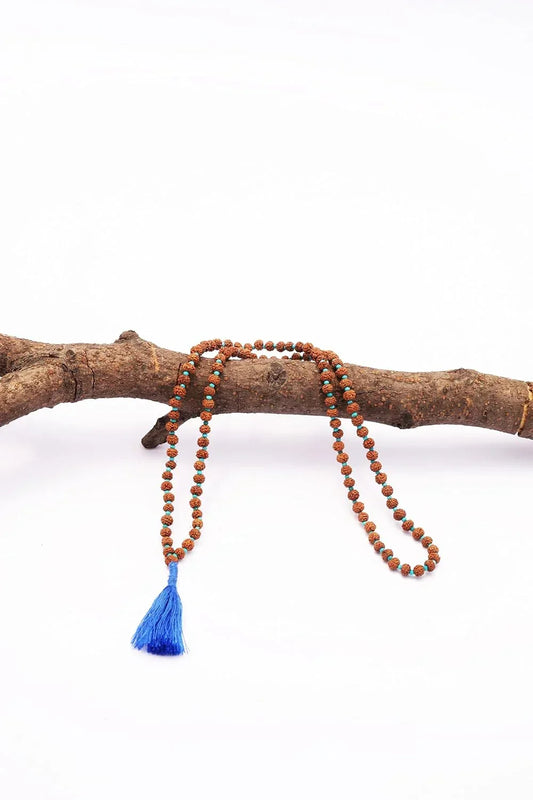 Maha Mala Mini Aksh Mala – 108 Beads with 3.5mm Rudraksha & 2mm Turquoise | Handmade in India