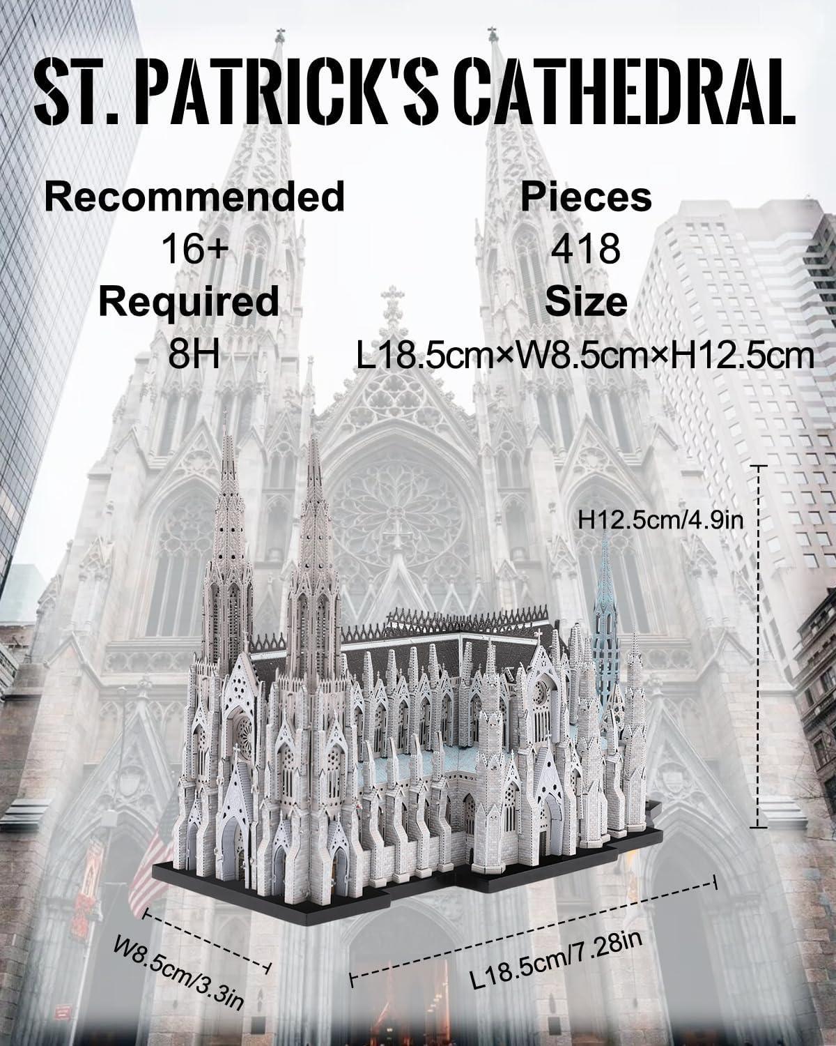 Piececool 3D Metal Puzzle St. Patrick’s Cathedral Architecture Model – 418 Pieces – 6 Metal Sheets – Stainless Steel DIY Model Kit-Age 16+