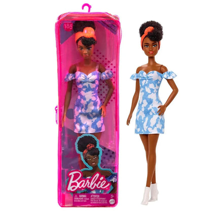 Barbie Fashionistas Doll #185, Black Up-do Hair, Off-shoulder Bleached Denim Dress, Orange Bandana, White Boots, Toy for Kids Ages 3 and Up - Jaiman Toys