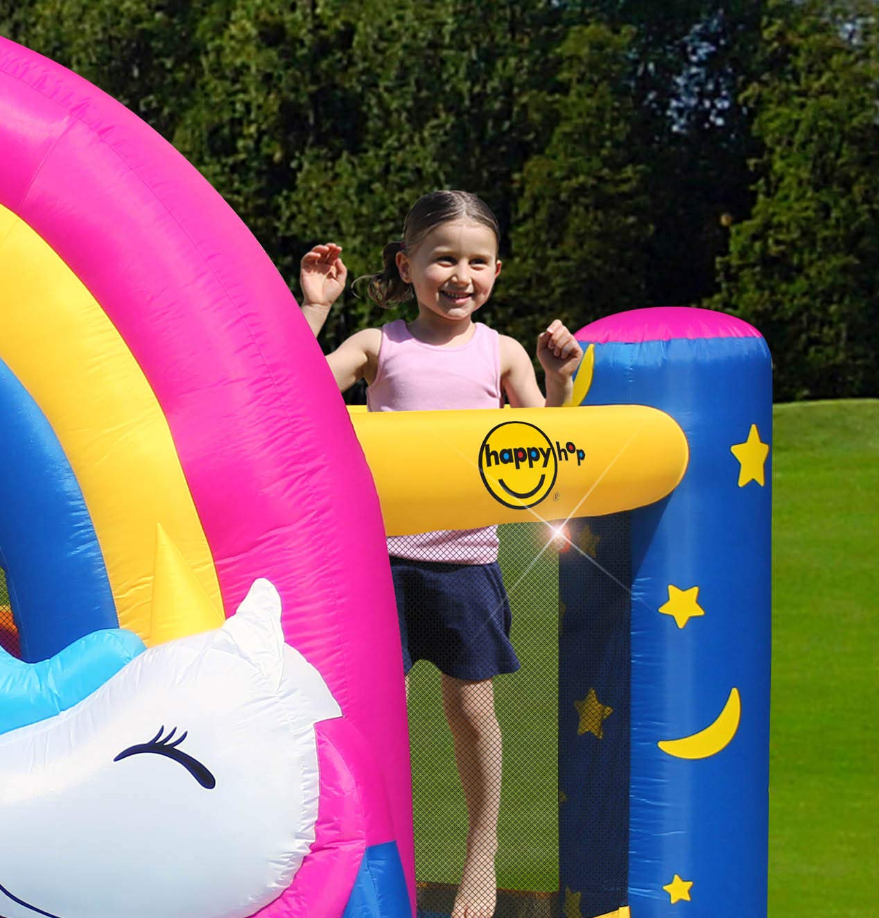 Happy Hop Fantasy Unicorn Inflatable Bouncy House with Slide, Lights & Sound | Kids Jumping Castle | Ages 3+
