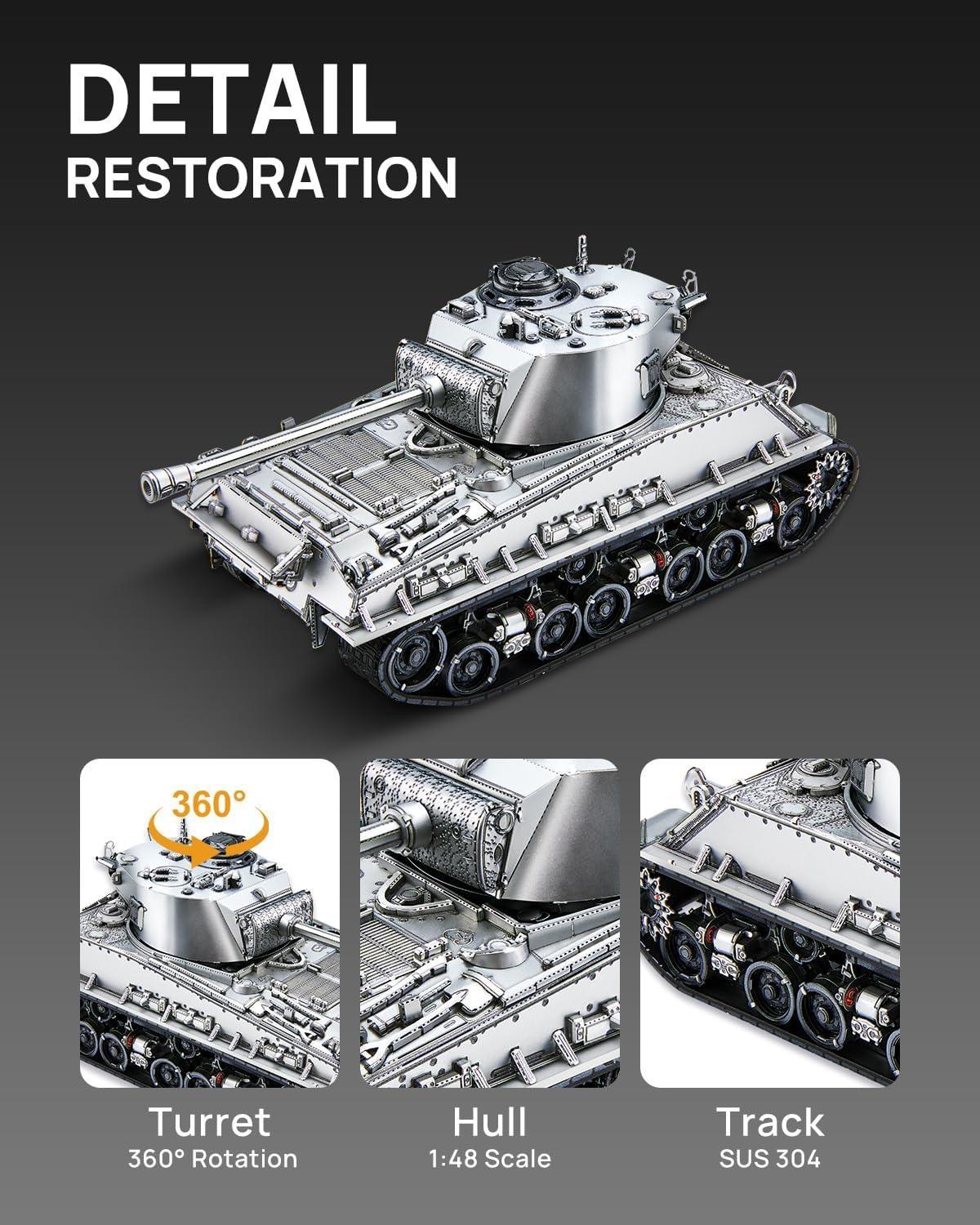 Piececool 3D Metal Puzzle M4 Sherman Medium Tank – 512 Pieces – Military Series – Difficulty Level 4 – Stainless Steel DIY Model Kit-Age16+