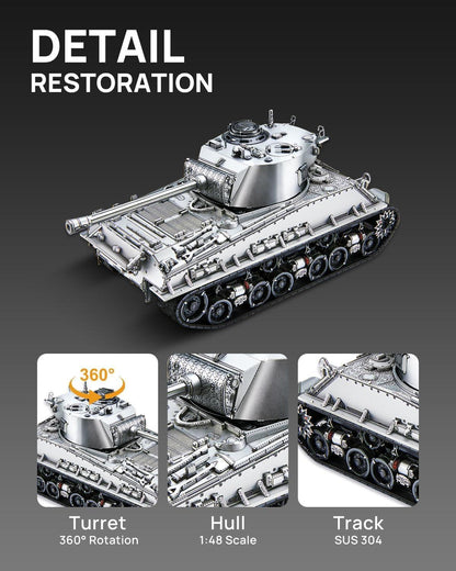 Piececool 3D Metal Puzzle M4 Sherman Medium Tank – 512 Pieces – Military Series – Difficulty Level 4 – Stainless Steel DIY Model Kit-Age16+