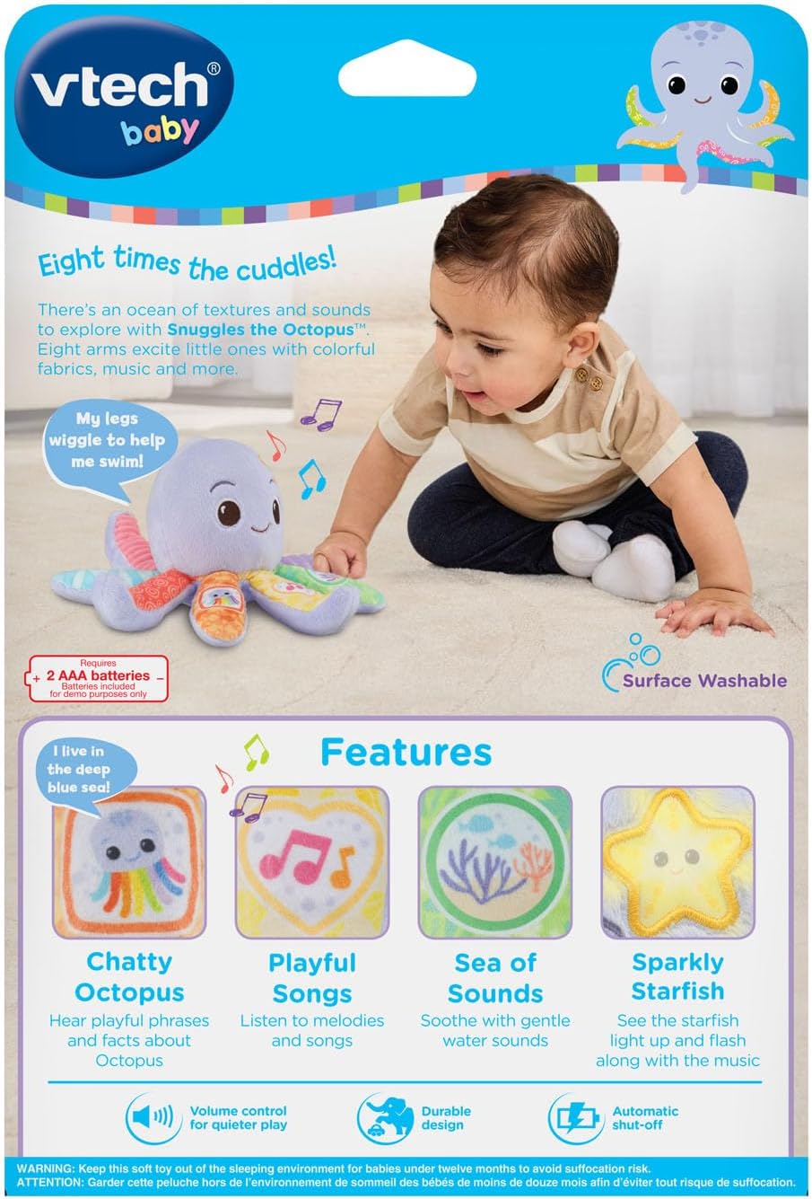 VTech Baby Snuggles the Octopus Musical Plush Toy | Soft Sensory Learning Toy for Babies with Lights, Sounds & Songs