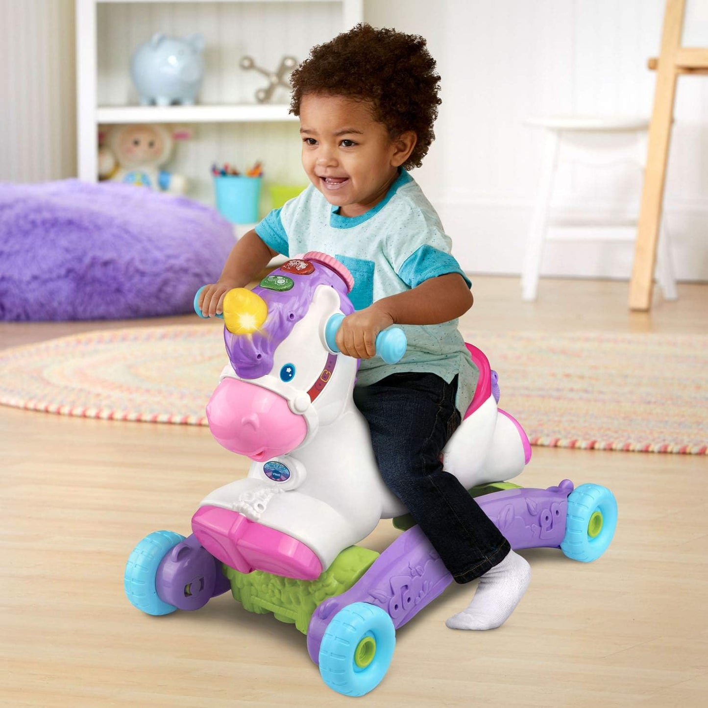 VTech Prance & Rock Learning Unicorn 3-in-1 Ride-On, Rocking Horse & Scooter for Toddlers | Interactive Musical Learning Toy with Lights & Sounds