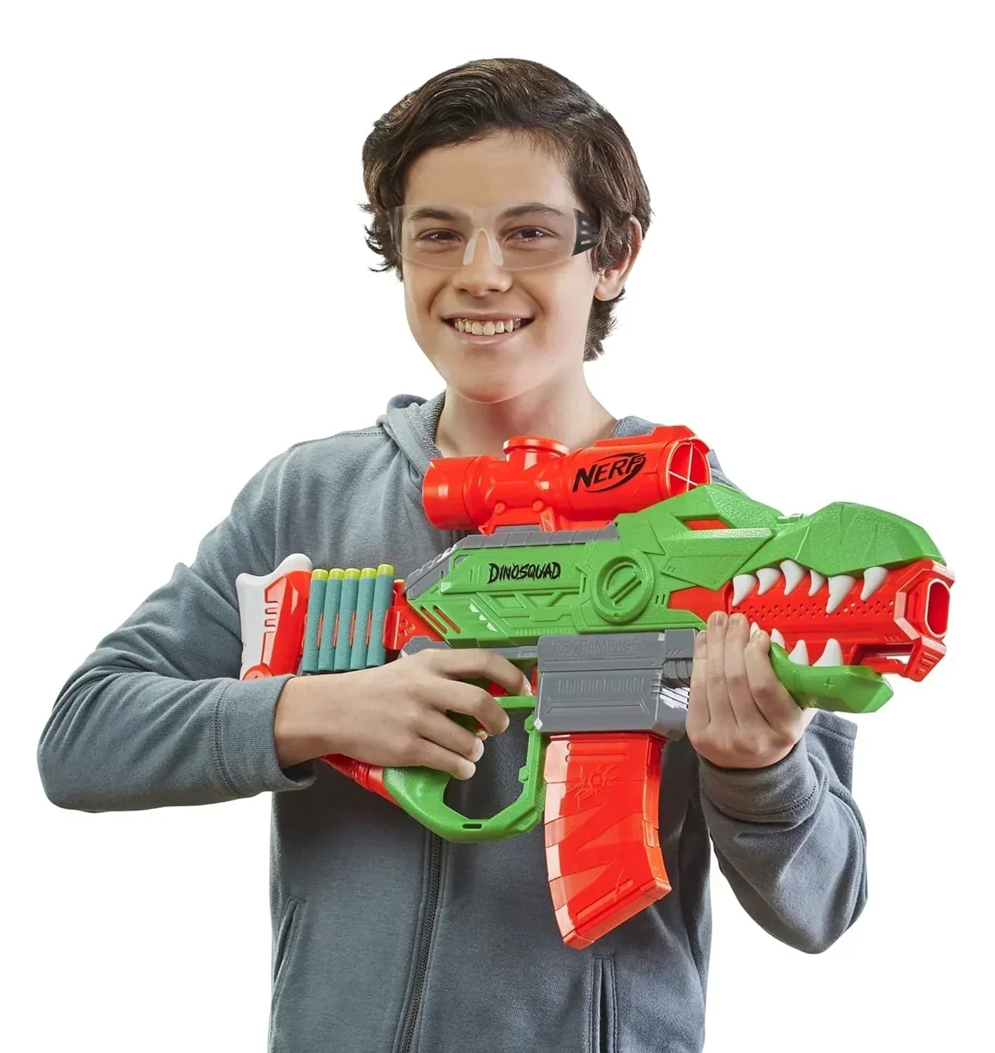 Nerf DinoSquad Rex-Rampage Motorized Dart Blaster, 10-Dart Clip, 20 Official Darts, 10-Dart Storage- T-Rex Dinosaur Design - Jaiman Toys