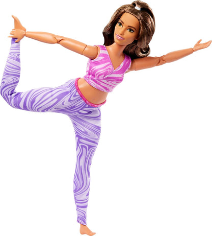 Barbie Made to Move Fashion Doll with Curvy Body, Brunette Hair & 22 Articulated Joints | Pink Sports Top & Purple Yoga Pants