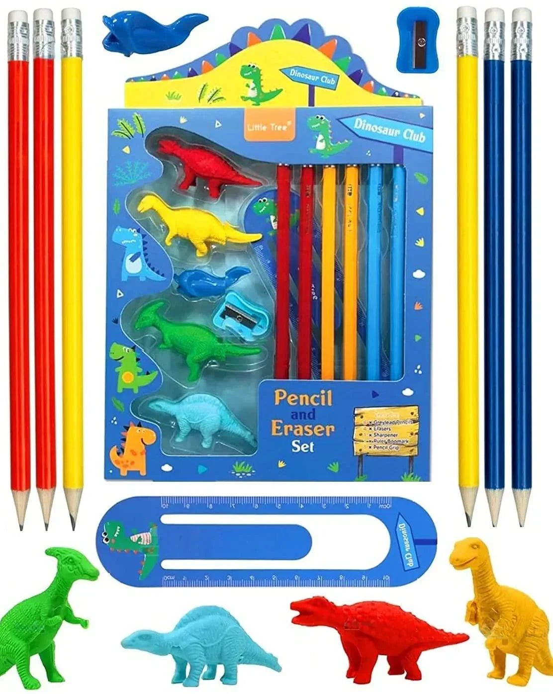 Little Tree Dinosaur Club Theme Pencil And Eraser 13 Pcs Combo Set - Jaiman Toys