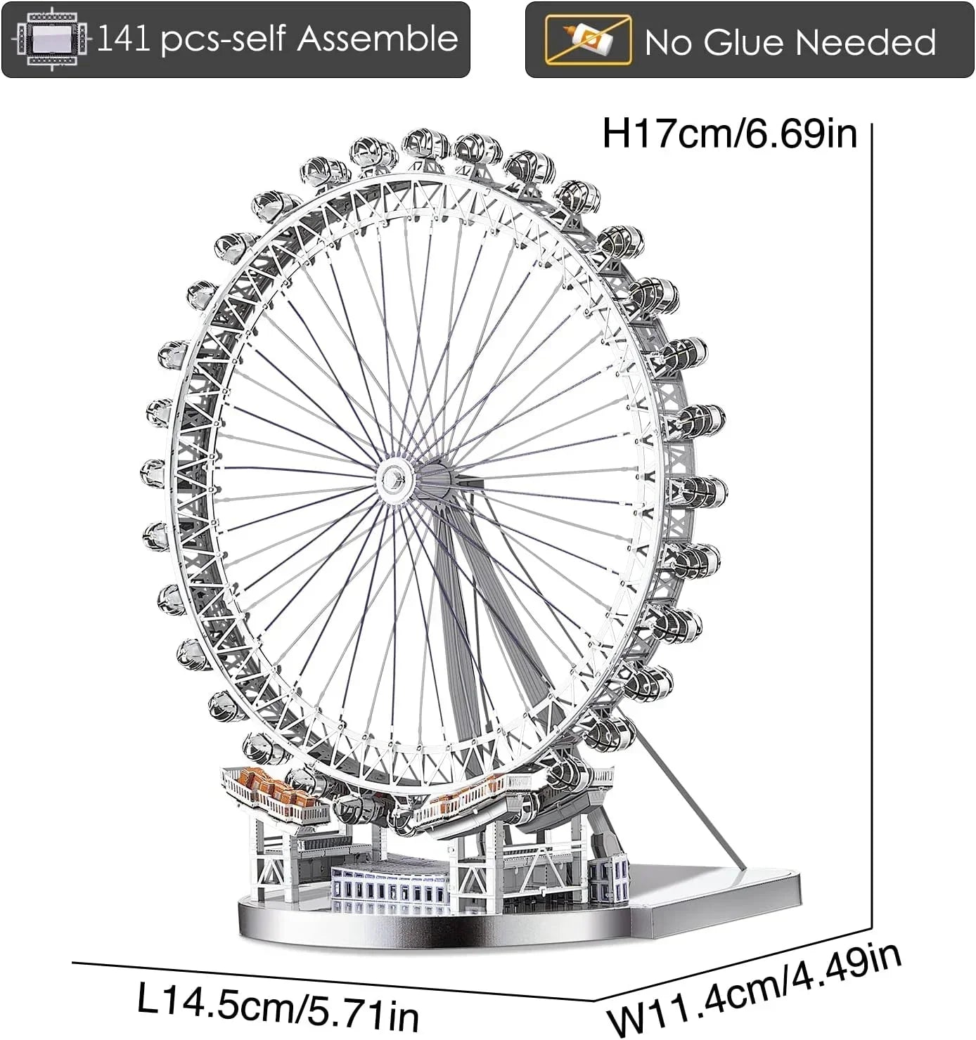 Piececool 3D Metal Puzzle London Eye (Large) Ferris Wheel Model – 141 Pieces – Level 3 Difficulty – Stainless Steel DIY Model Kit