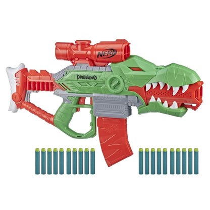 Nerf DinoSquad Rex-Rampage Motorized Dart Blaster, 10-Dart Clip, 20 Official Darts, 10-Dart Storage- T-Rex Dinosaur Design - Jaiman Toys