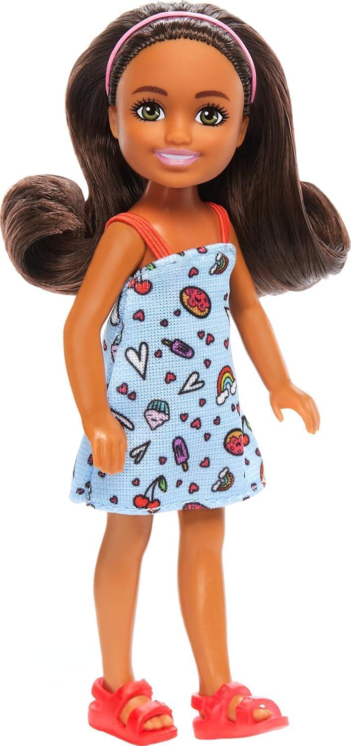 Barbie Chelsea Doll, Small Doll Wearing Removable Blue Dress with Colorful Print & Pink Shoes, Brown Hair & Green Eyes - Jaiman Toys