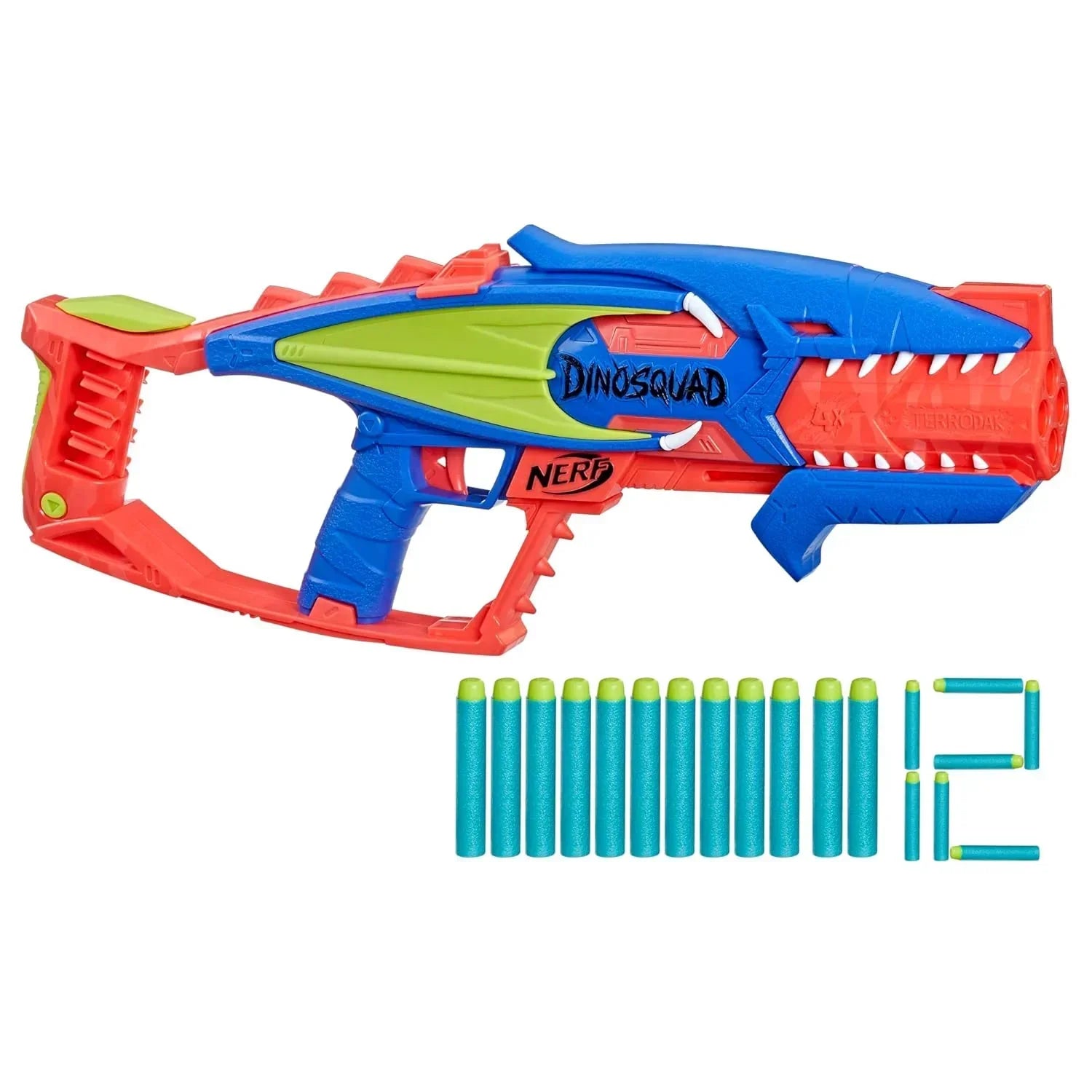 Nerf Dinosquad Terrodak, 4 Dart Blasting, Dart Storage, 12 Nerf Elite Darts, Dinosaur Design, Toy Foam Nerf Blaster for Kids - Jaiman Toys