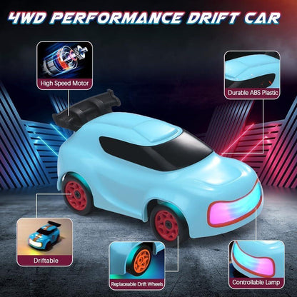 Mini 4WD Q197 1:64 Scale LED Drift RC Car – 2.4GHz Remote Control, Type-C Fast Charge, Adjustable Drift Modes (Blue)