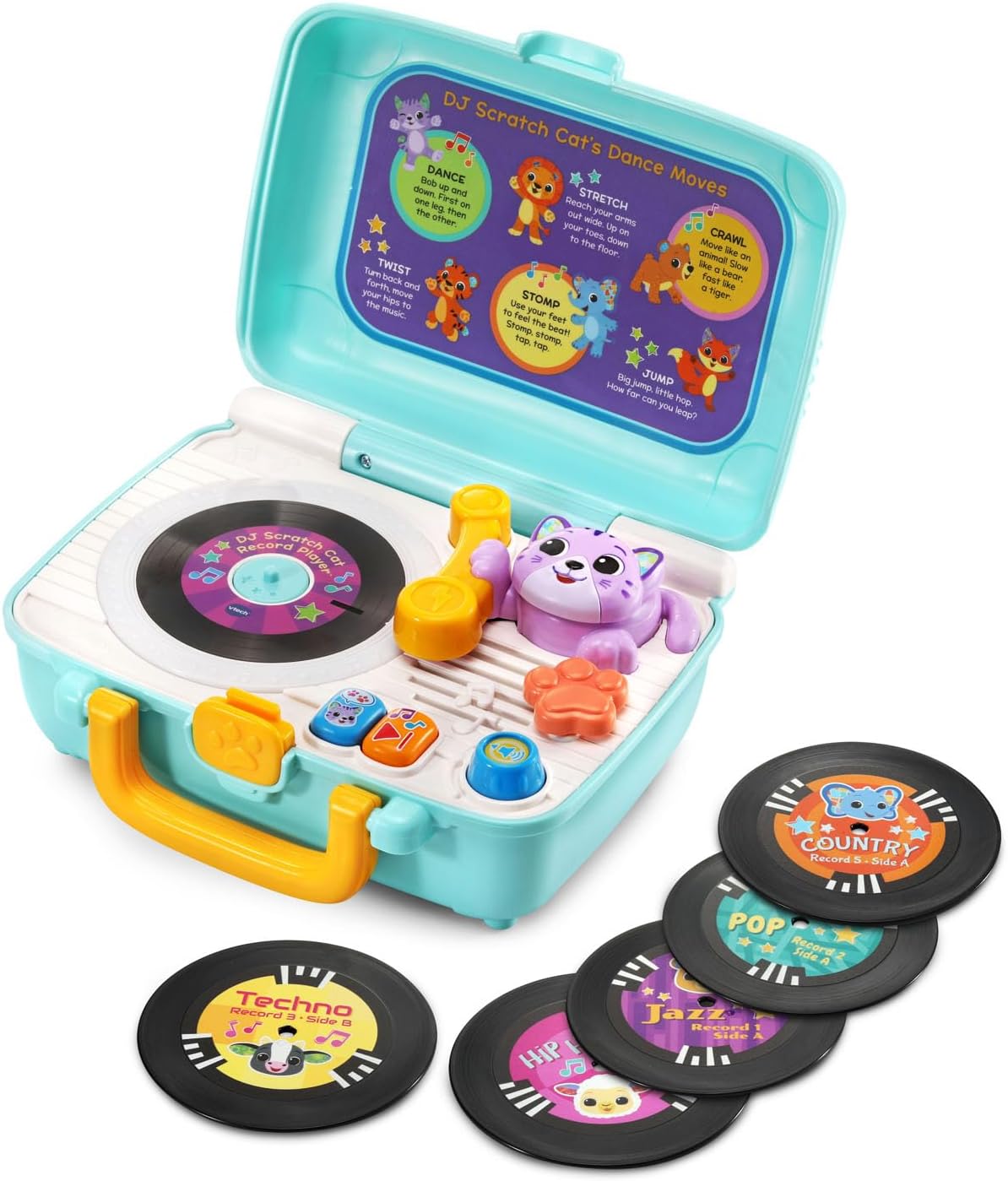 VTech DJ Scratch Cat Record Player | Interactive Musical Learning Toy with 5 Music Records, DJ Mixing, Lights & Sounds for Toddlers