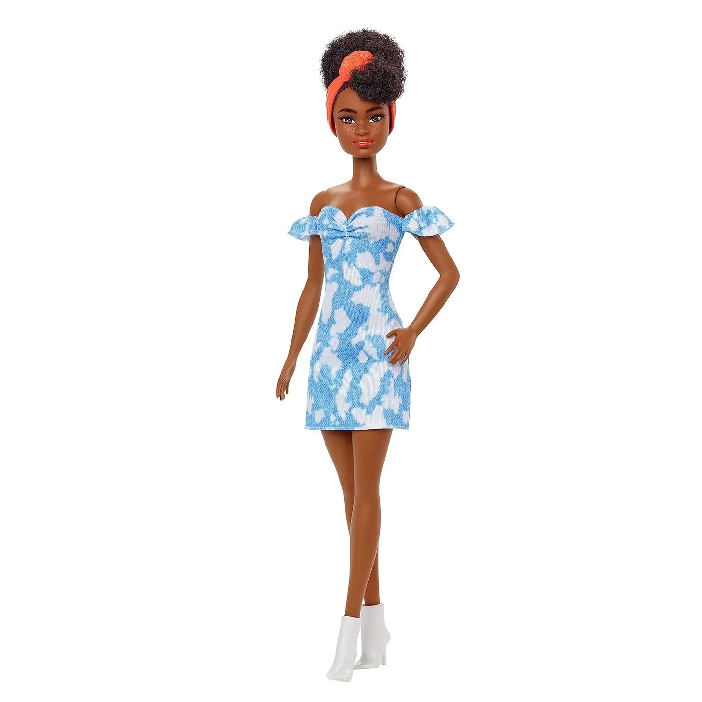 Barbie Fashionistas Doll #185, Black Up-do Hair, Off-shoulder Bleached Denim Dress, Orange Bandana, White Boots, Toy for Kids Ages 3 and Up - Jaiman Toys