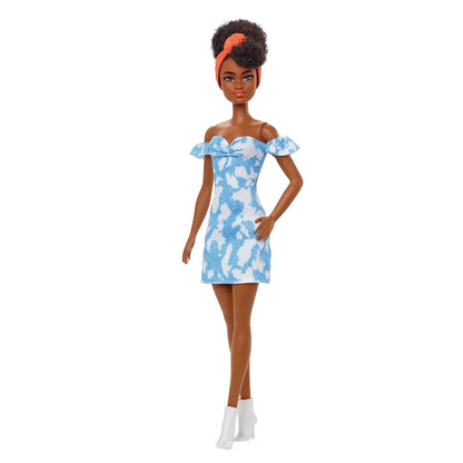 Barbie Fashionistas Doll #185, Black Up-do Hair, Off-shoulder Bleached Denim Dress, Orange Bandana, White Boots, Toy for Kids Ages 3 and Up - Jaiman Toys