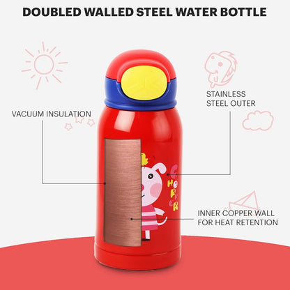 Kids Insulated Stainless Steel Water Bottle with Carry Pouch – Leakproof School Bottle with Shoulder Strap (Cartoon Animal Design)
