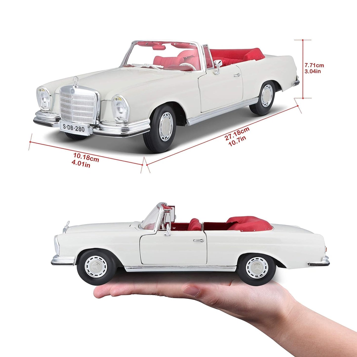 Maisto 1:18 1967 Mercedes-Benz 280 SE Convertible Die-Cast Model Car | Classic Luxury Car Collectible