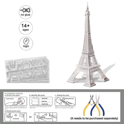 Piececool 3D Metal Puzzle Eiffel Tower (Large) Landmark Model – 96 Pieces – Level 3 Difficulty – Stainless Steel DIY Architecture Model Kit