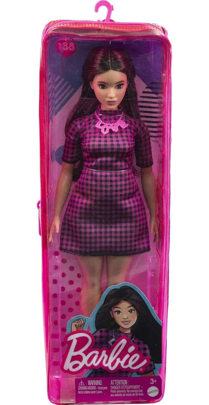 Barbie Fashionistas Doll #188, Curvy, Black Hair, Pink & Black Checkered Dress, Love Necklace, Pink Sneakers, Toy for Kids Ages 3 and Up - Jaiman Toys