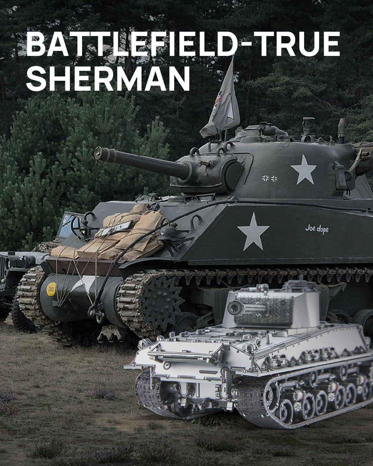 Piececool 3D Metal Puzzle M4 Sherman Medium Tank – 512 Pieces – Military Series – Difficulty Level 4 – Stainless Steel DIY Model Kit-Age16+