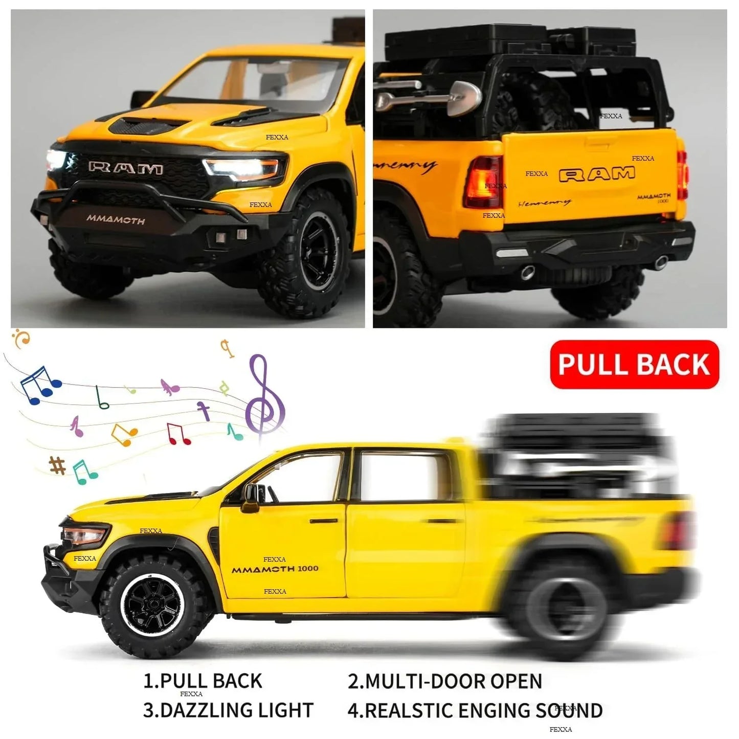 JOY JUNCTION 1:32 RAM Mammoth Pickup Truck Diecast Model – Alloy Metal Pullback Car with Openable Doors | Collector’s Edition