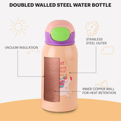 Kids Insulated Stainless Steel Water Bottle with Carry Pouch – Leakproof School Bottle with Shoulder Strap (Unicorn Design)