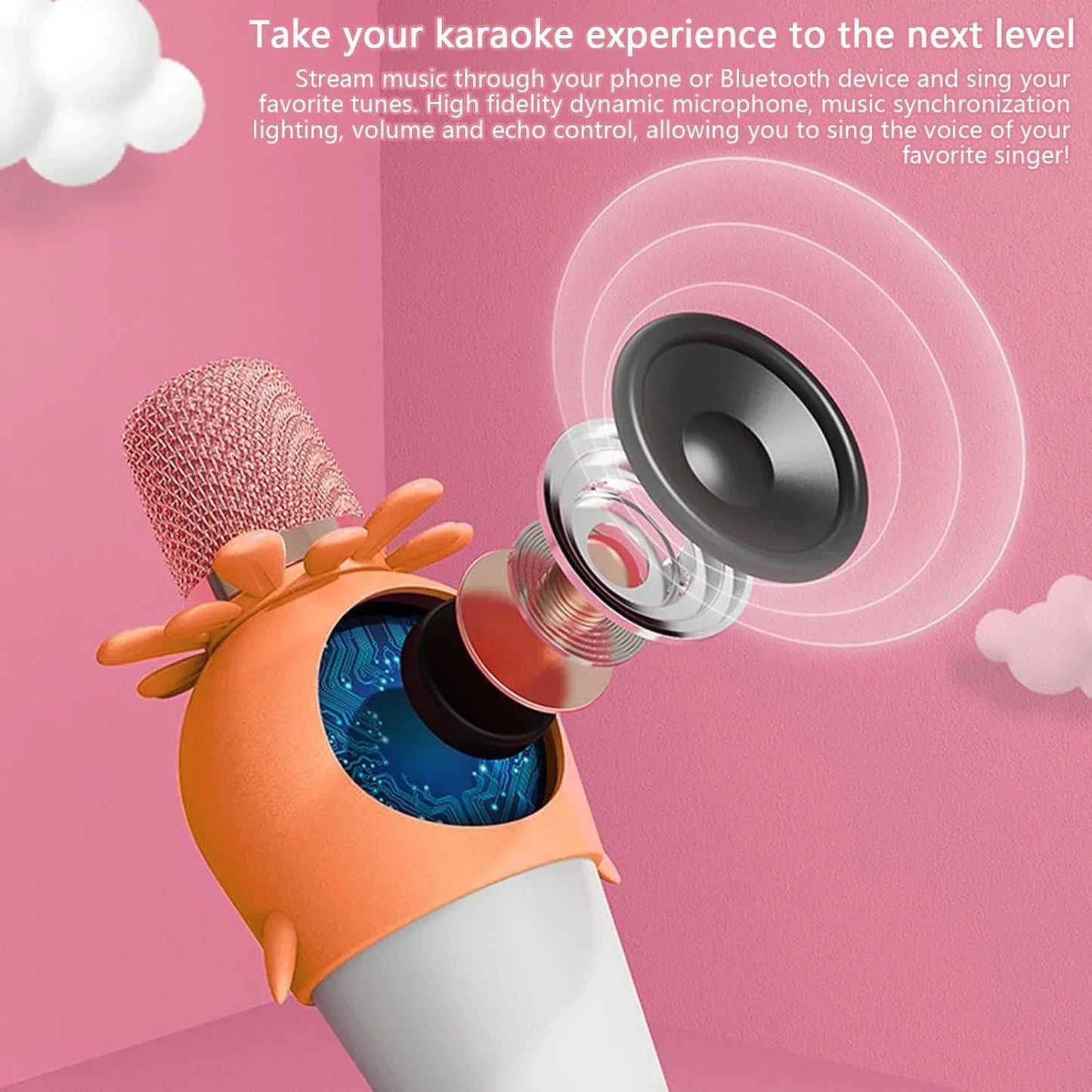 Wireless Bluetooth Karaoke Microphone, Portable 4D Stereo Mircophone with LED 7 Colorful Light, Intelligent Sound Repair Mic Speaker (Orange) - Jaiman Toys