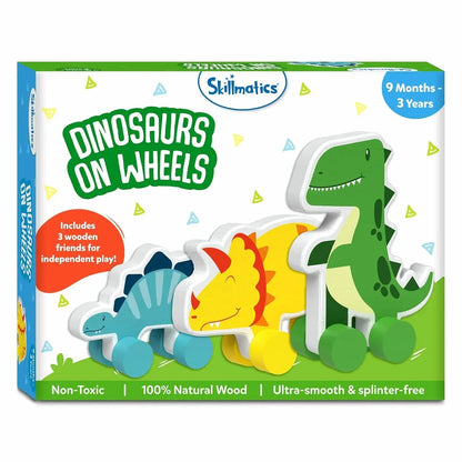 Skillmatics Wooden Dinosaur Toys on Wheels, Imaginative Play for Toddlers, Educational Gifts for Infants 9 Months to 3 Years - Jaiman Toys