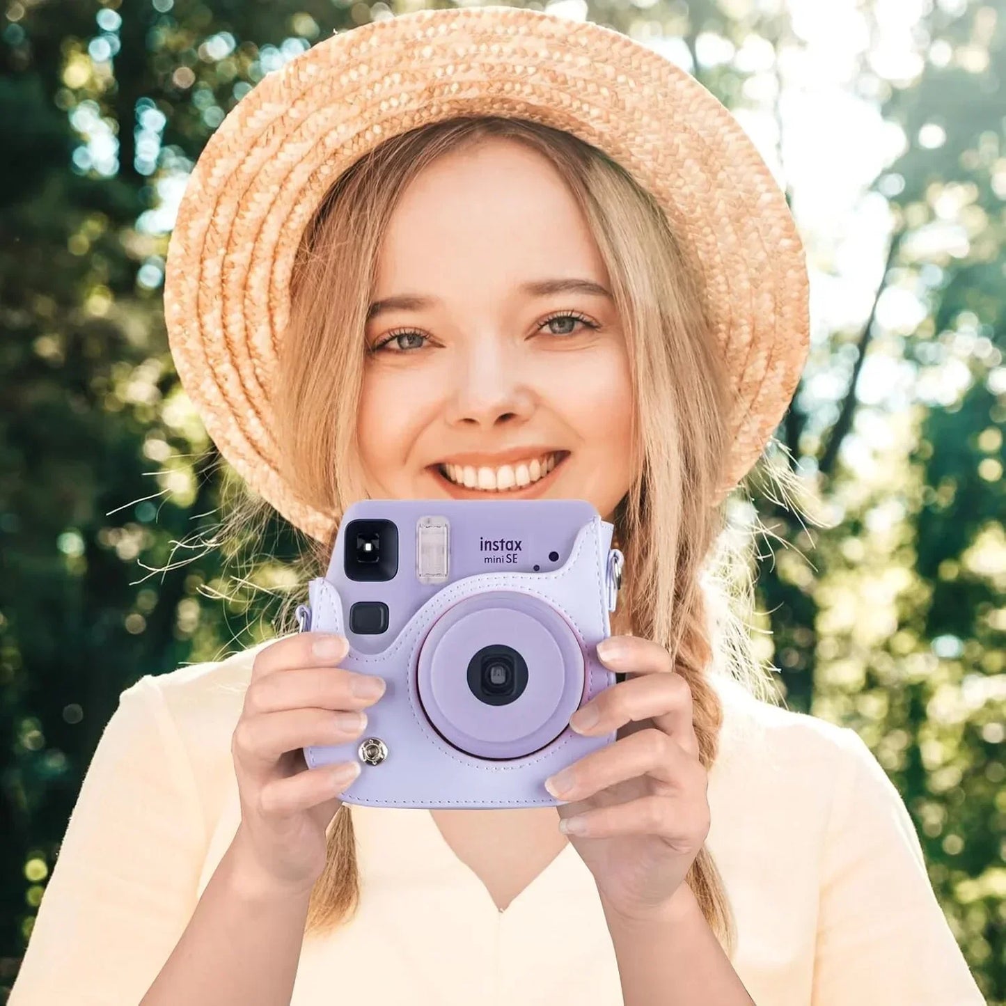 PU Leather Camera Case for Instax Mini SE – Protective Pouch with Adjustable Shoulder Strap - Purple - Jaiman Toys