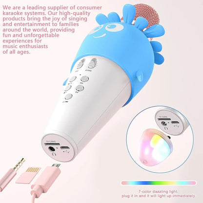 Wireless Bluetooth Karaoke Microphone, Portable 4D Stereo Mircophone with LED 7 Colorful Light, Intelligent Sound Repair Mic Speaker (Blue) - Jaiman Toys