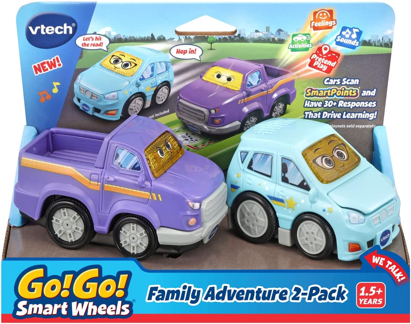 VTech Go! Go! Smart Wheels Family Adventure 2-Pack | Interactive SmartPoint Family Car & Pickup Truck with Lights, Sounds & Educational Phrases for Toddlers