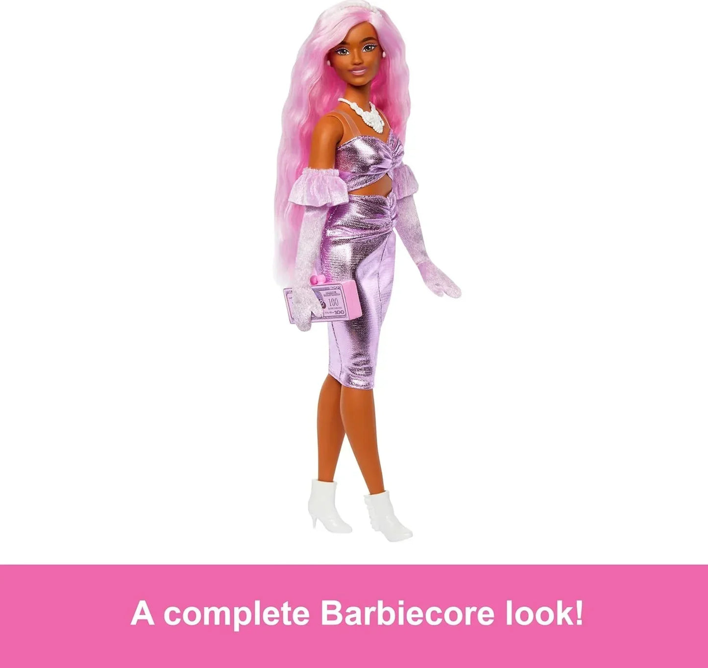 Barbie Deluxe Style Doll #1 in Barbiecore Outfit, Pink Hair and Glossy Pink Dress with Accessories Like Velvet Gloves, Money Purse, and More - Jaiman Toys