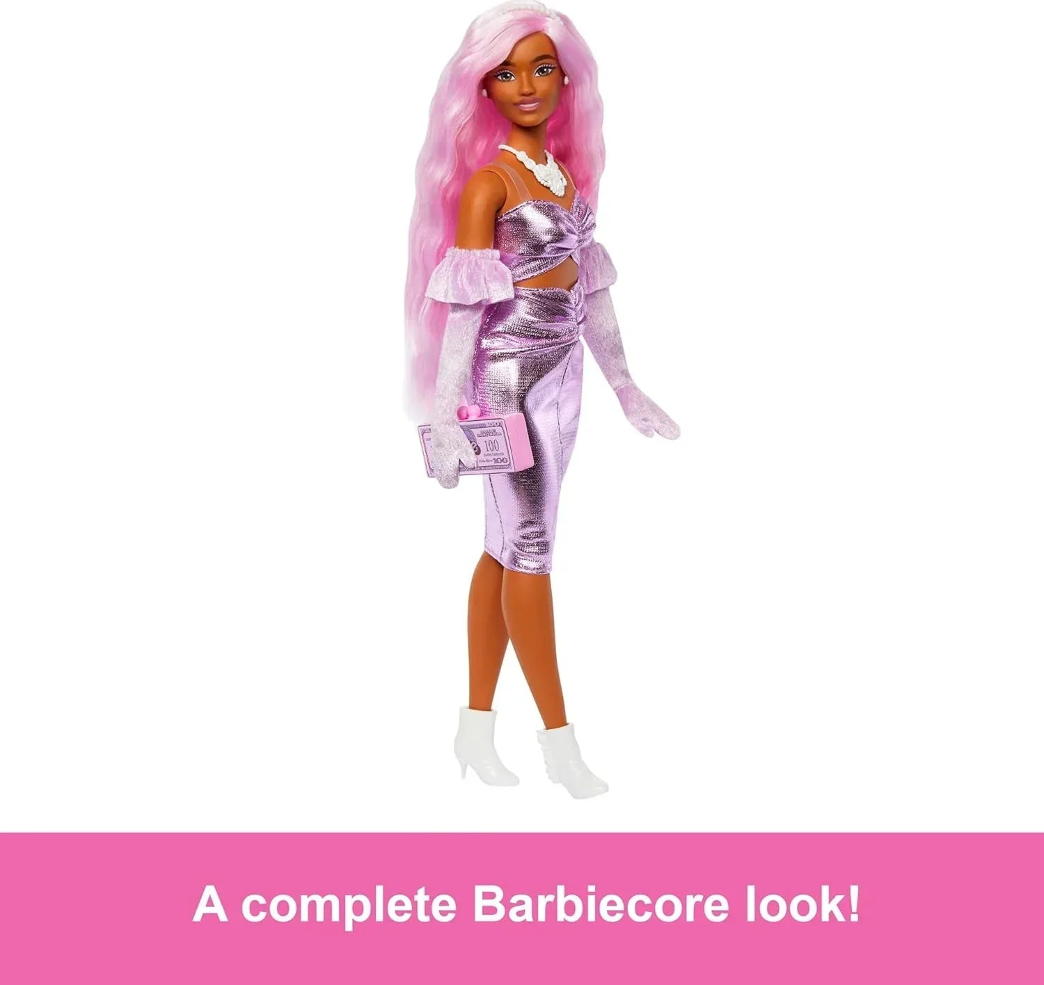 Barbie Deluxe Style Doll #1 in Barbiecore Outfit, Pink Hair and Glossy Pink Dress with Accessories Like Velvet Gloves, Money Purse, and More - Jaiman Toys