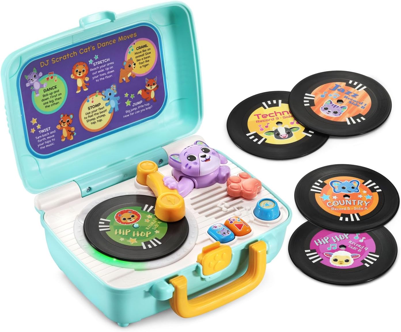 VTech DJ Scratch Cat Record Player | Interactive Musical Learning Toy with 5 Music Records, DJ Mixing, Lights & Sounds for Toddlers