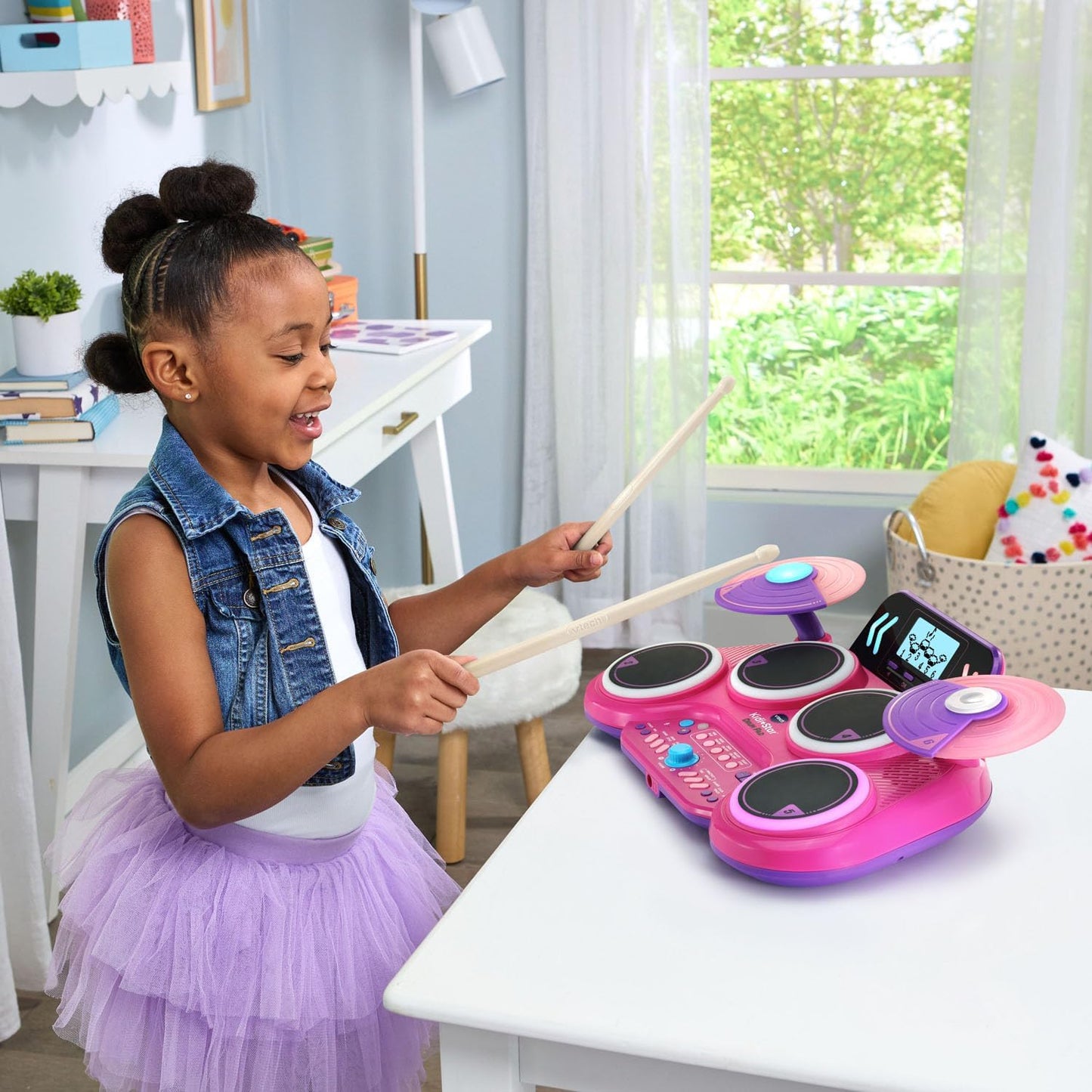 VTech KidiStar Drum Pad, Pink | Kids Electronic Drum Set with Bluetooth, Light-Up Drum Pads, Rhythm Games, Recording Function & Built-in Music Tracks | Interactive Musical Toy