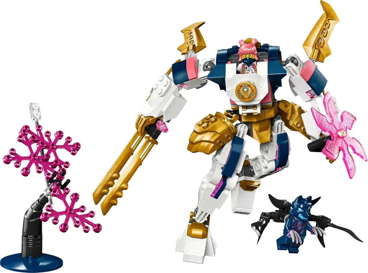 LEGO buildable mech robot toy with gold and pink weapons, pink-haired minifigure, and small blue creature