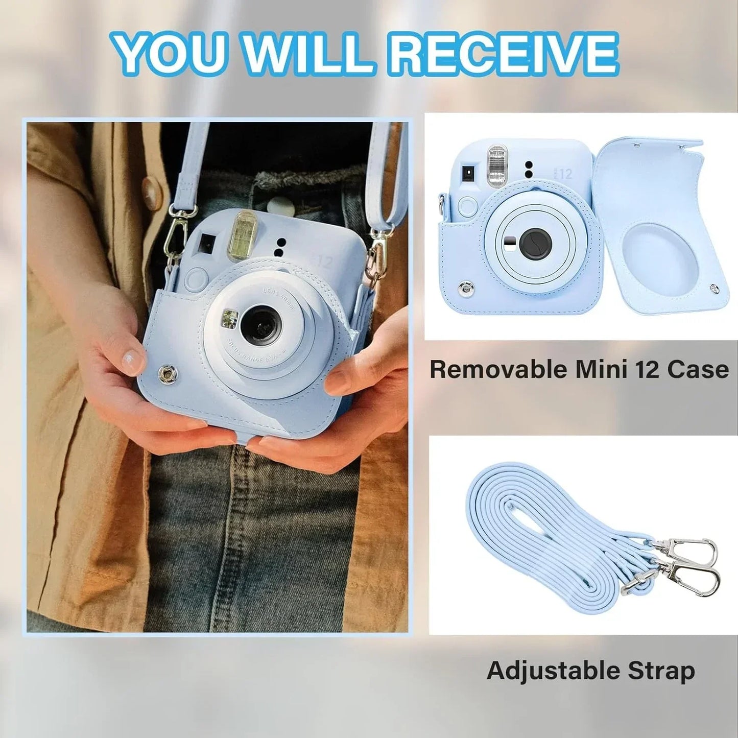 Pop & Snap in Style – Mini 12 Camera Case with Strap (Perfect Fit for Instax Mini 12) - Pastel Blue - Jaiman Toys