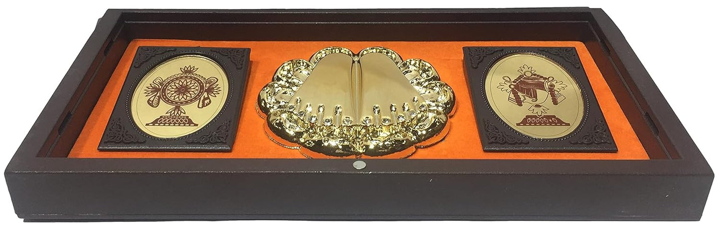 Balaji Wooden Shagun Gift Box with Gold-Plated Tirupati Balaji Frame & Charan Paduka | Premium Spiritual Gift Box for Wedding, Housewarming & Festive Occasions