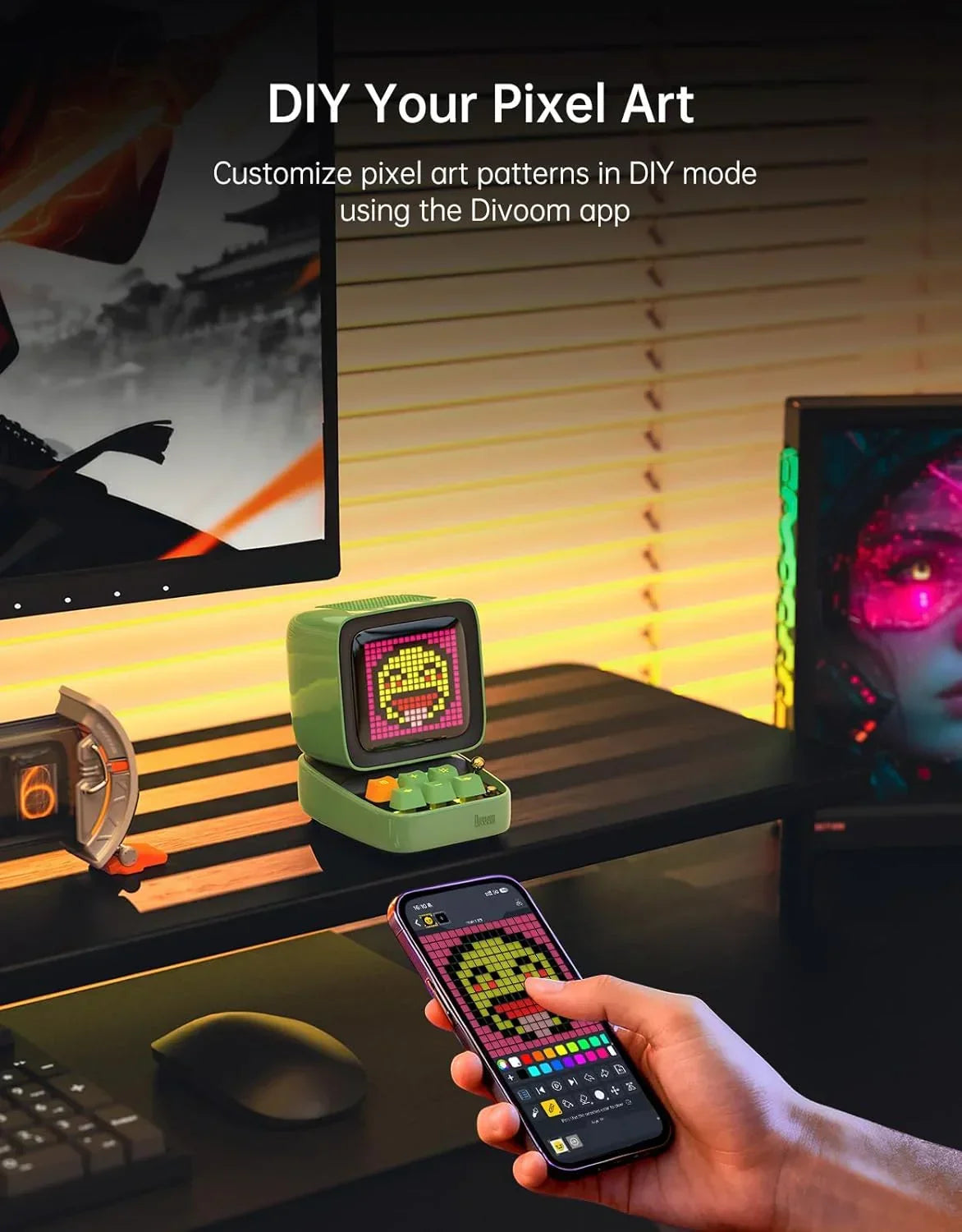Divoom Ditoo-Mic Bluetooth Speaker with Karaoke Microphone - RGB Keyboard and Pixel Display Desktop Decor, Different Sound Modes, Ideal Gifts for Home Party, Mobile KTV (Green)