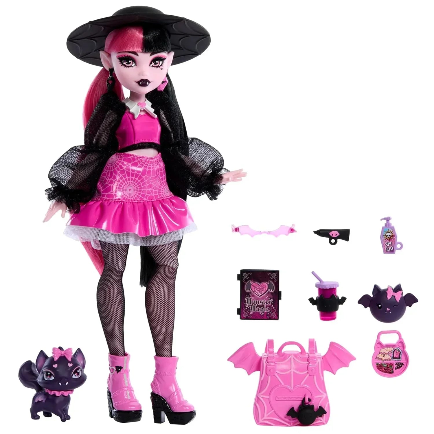 Monster High Draculaura Doll with Pet Bat-Cat Count Fabulous and Accessories Like Backpack, Spell Book, Bento Box and More - Jaiman Toys