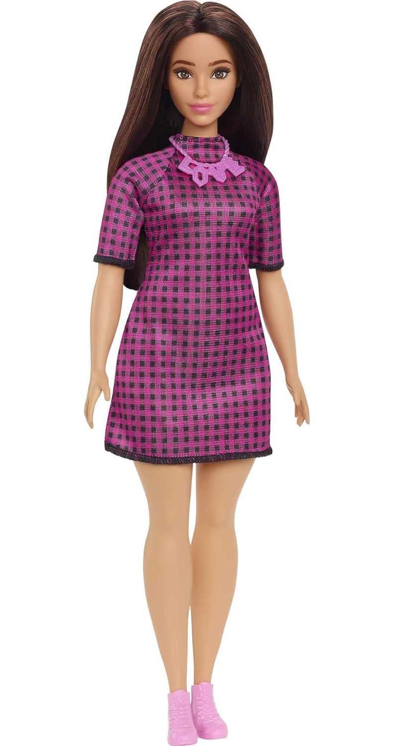 Barbie Fashionistas Doll #188, Curvy, Black Hair, Pink & Black Checkered Dress, Love Necklace, Pink Sneakers, Toy for Kids Ages 3 and Up - Jaiman Toys