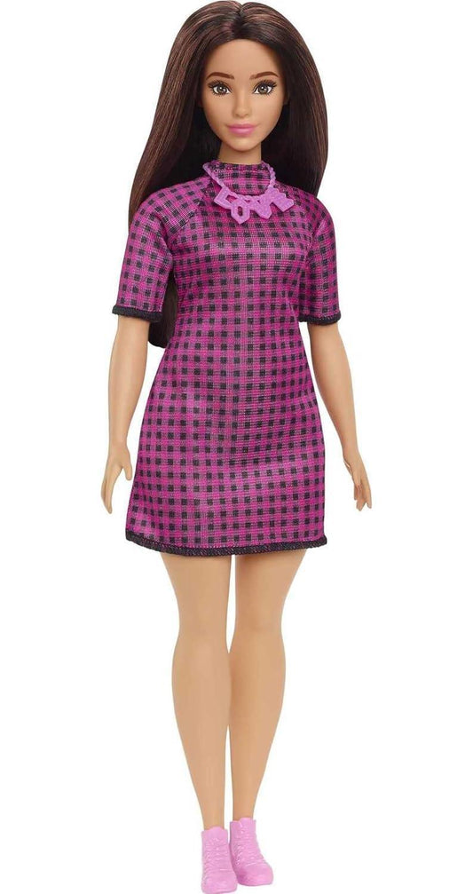 Barbie Fashionistas Doll #188, Curvy, Black Hair, Pink & Black Checkered Dress, Love Necklace, Pink Sneakers, Toy for Kids Ages 3 and Up - Jaiman Toys
