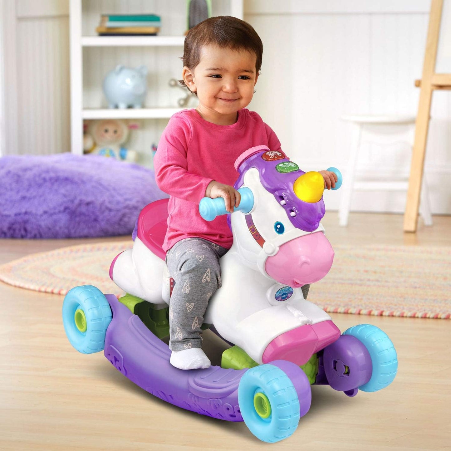 VTech Prance & Rock Learning Unicorn 3-in-1 Ride-On, Rocking Horse & Scooter for Toddlers | Interactive Musical Learning Toy with Lights & Sounds