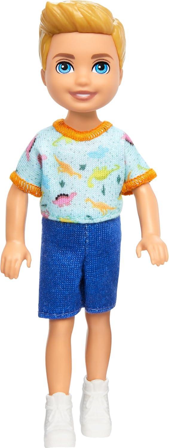 Barbie Chelsea Doll, Small Boy Doll Wearing Removable One-Piece with Dinosaur Print & White Shoes, Blond Hair & Blue Eyes - Jaiman Toys